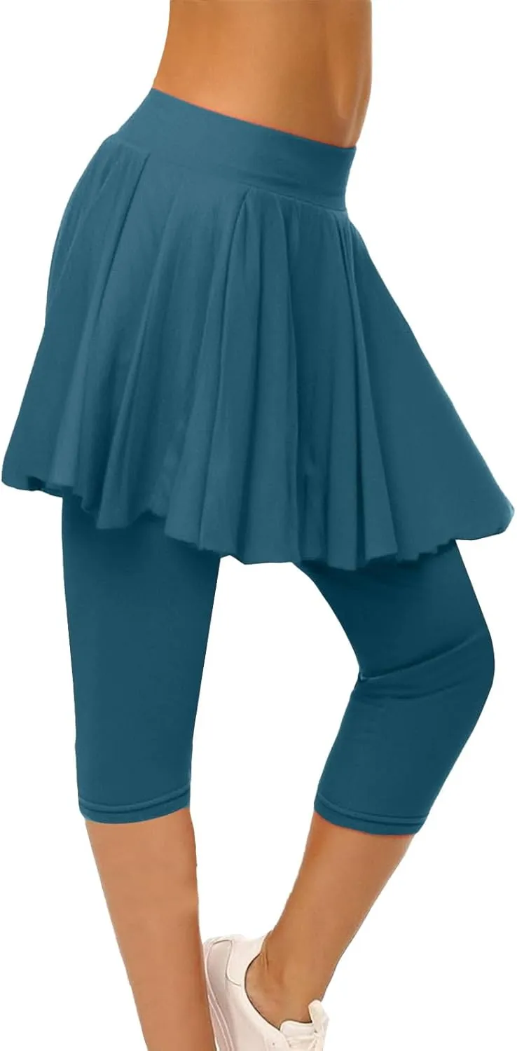 Skirted Leggings for Women High Waist Knee Length Golf Tennis Capri Yoga Pants Pleated Skirt Athletic Running Skorts
