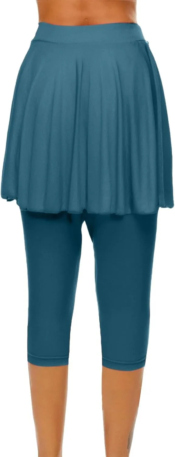 Skirted Leggings for Women High Waist Knee Length Golf Tennis Capri Yoga Pants Pleated Skirt Athletic Running Skorts