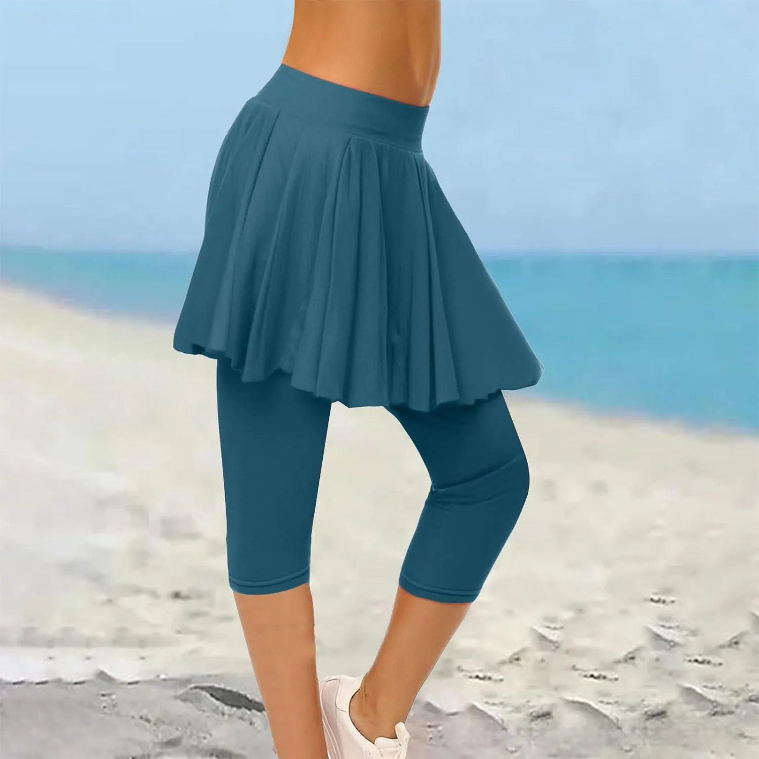 Skirted Leggings for Women High Waist Knee Length Golf Tennis Capri Yoga Pants Pleated Skirt Athletic Running Skorts