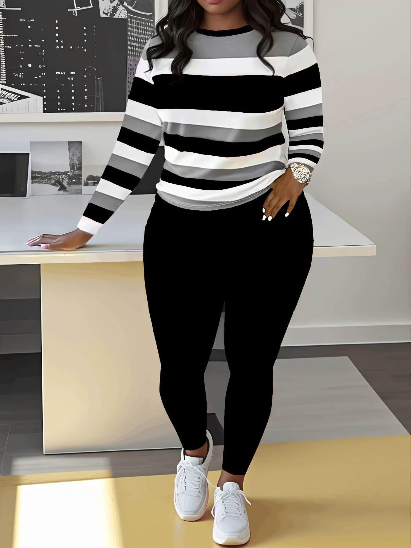 Slim Chic Two-Piece Outfit Set - Long Sleeve Crew Neck Striped Color Block T-Shirt with Soft Fabric and Relaxed Fit, Solid Elastic Waist Pants with Stretchy Waistband for Comfortable Movement - Women's Casual Clothing for Daily Wear