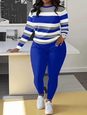 Slim Chic Two-Piece Outfit Set - Long Sleeve Crew Neck Striped Color Block T-Shirt with Soft Fabric and Relaxed Fit, Solid Elastic Waist Pants with Stretchy Waistband for Comfortable Movement - Women's Casual Clothing for Daily Wear