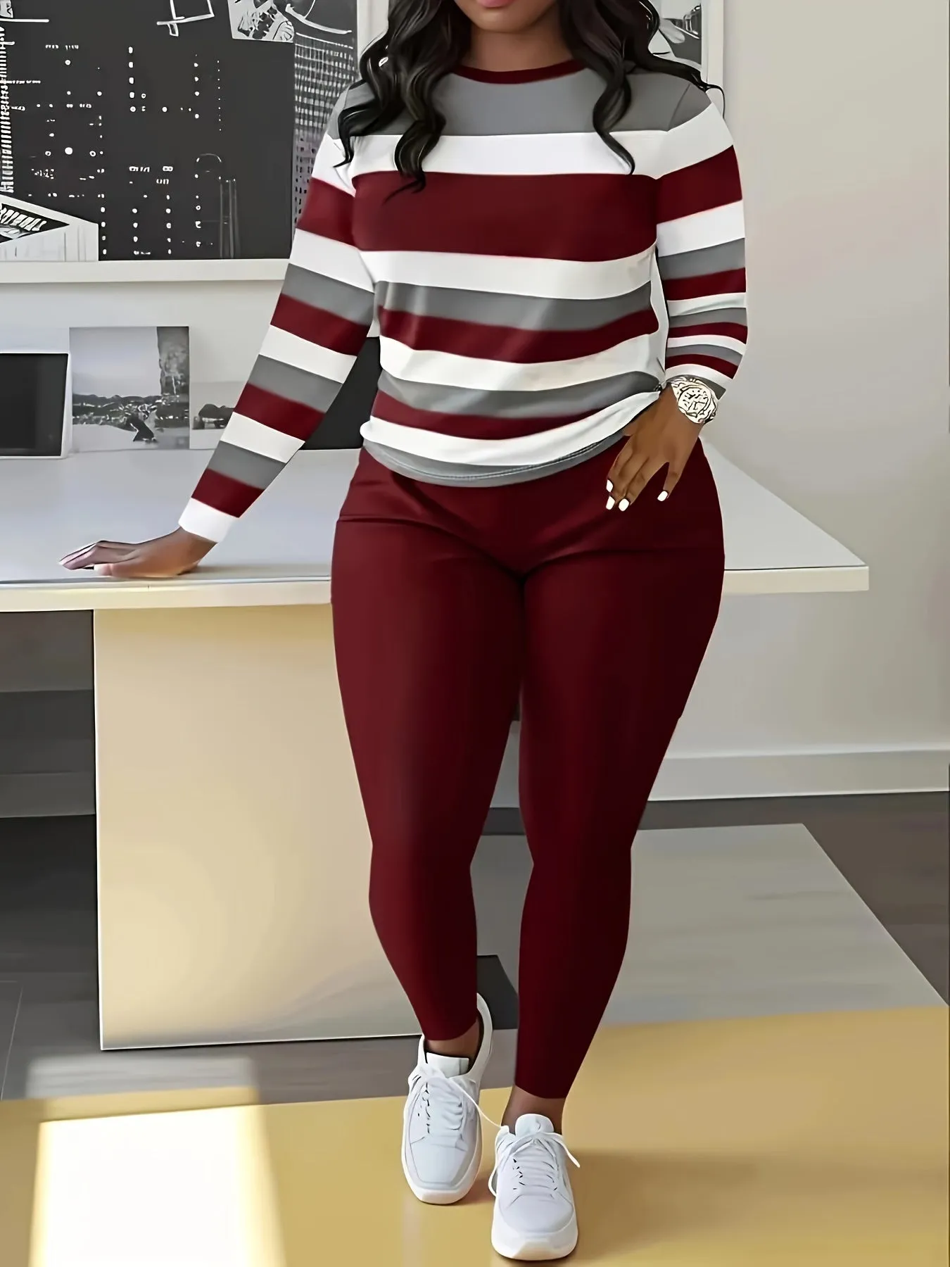 Slim Chic Two-Piece Outfit Set - Long Sleeve Crew Neck Striped Color Block T-Shirt with Soft Fabric and Relaxed Fit, Solid Elastic Waist Pants with Stretchy Waistband for Comfortable Movement - Women's Casual Clothing for Daily Wear