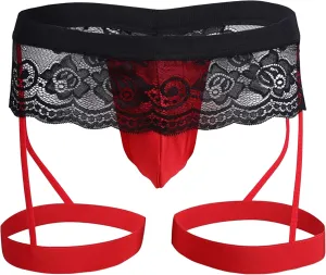 Soluo Men's Lace Floral Sissy G String with Garter Bikini Briefs Sissy Pouch Crossdress Jockstrap Panties Underwear