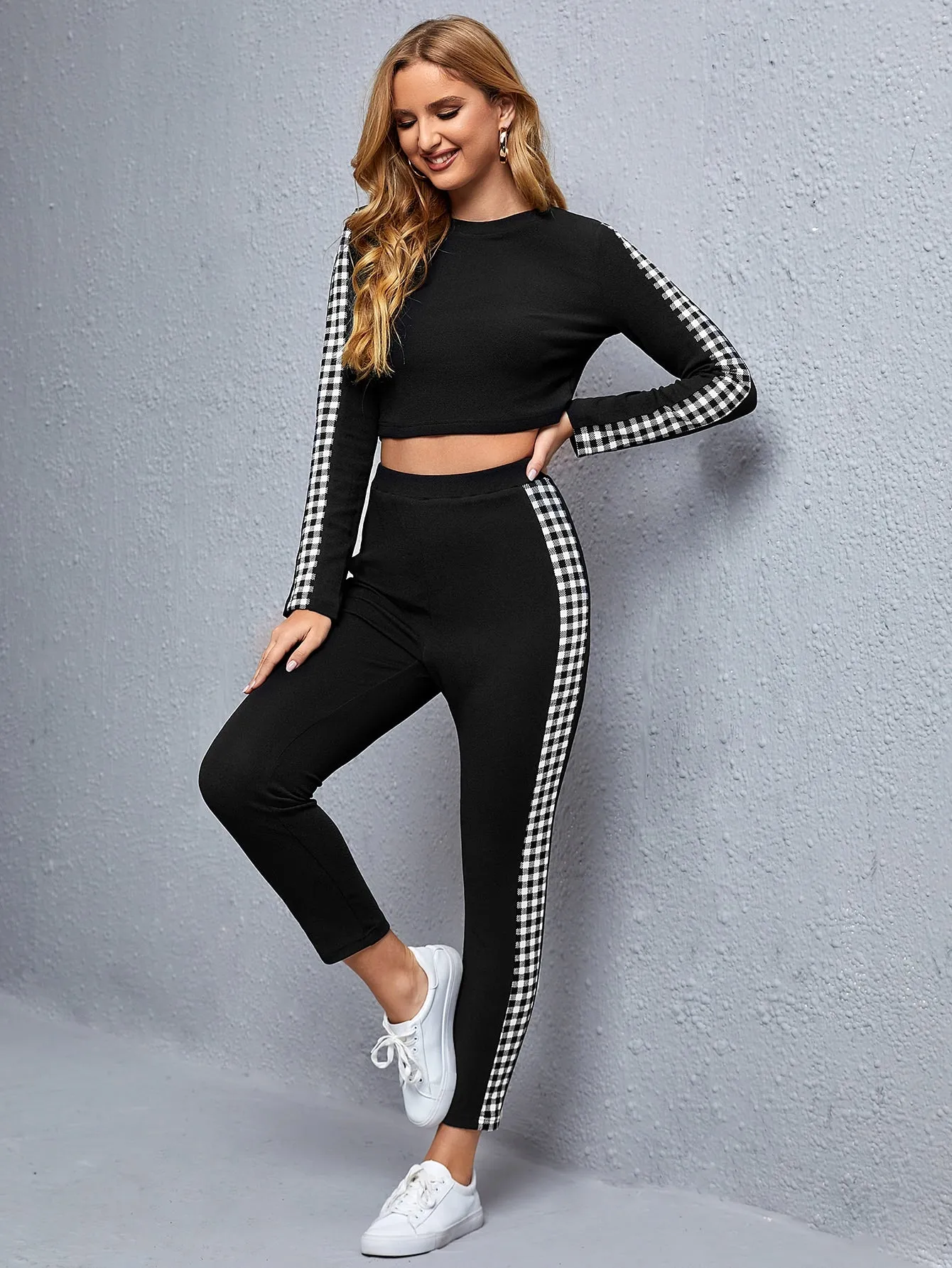 Sporty Gingham Side Stripe Long Sleeve Round Neck Women Two-Piece Outfits