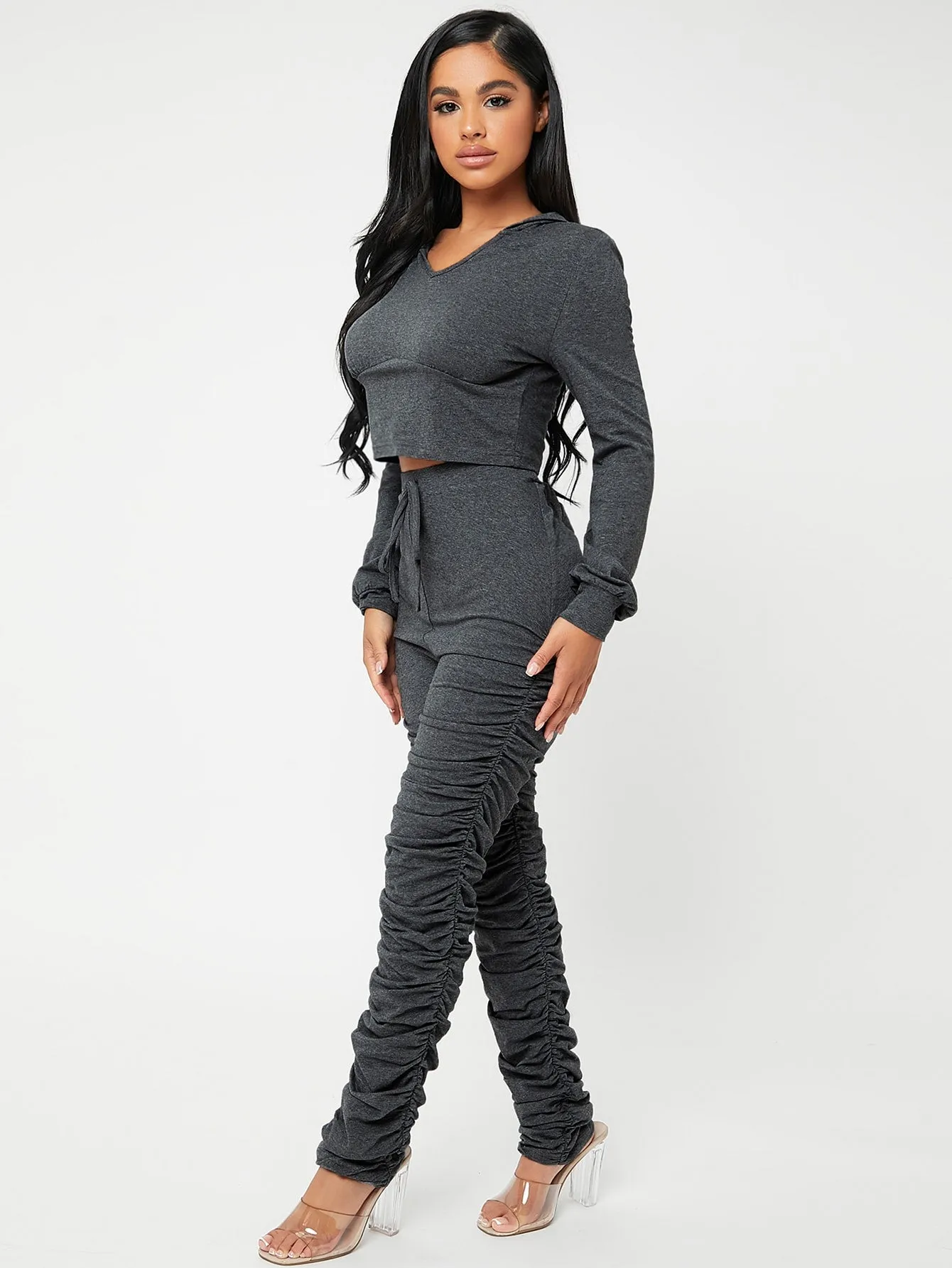 Sporty Plain Knot Long Sleeve V Neck Women Two-Piece Outfits