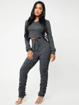 Sporty Plain Knot Long Sleeve V Neck Women Two-Piece Outfits