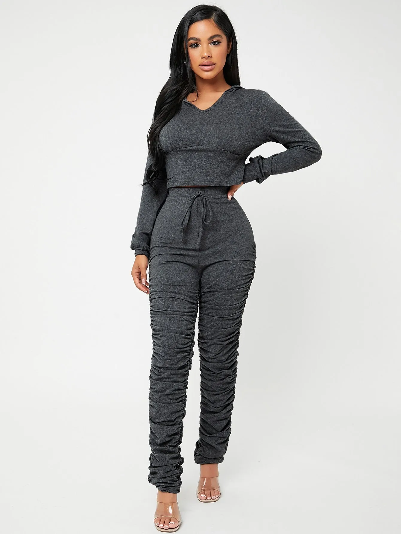 Sporty Plain Knot Long Sleeve V Neck Women Two-Piece Outfits