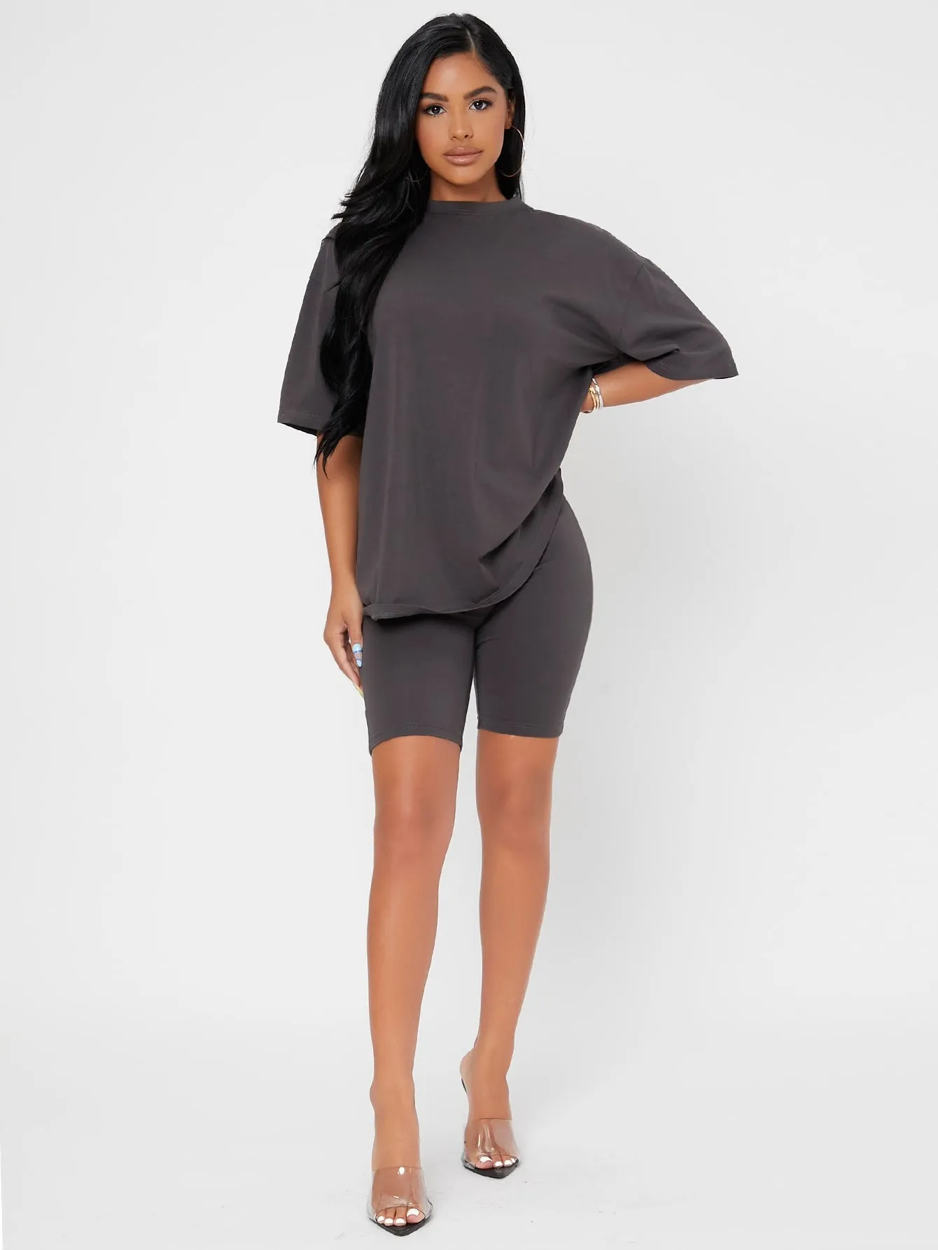 Sporty Plain Short Sleeve Round Neck Women Two-Piece Outfits