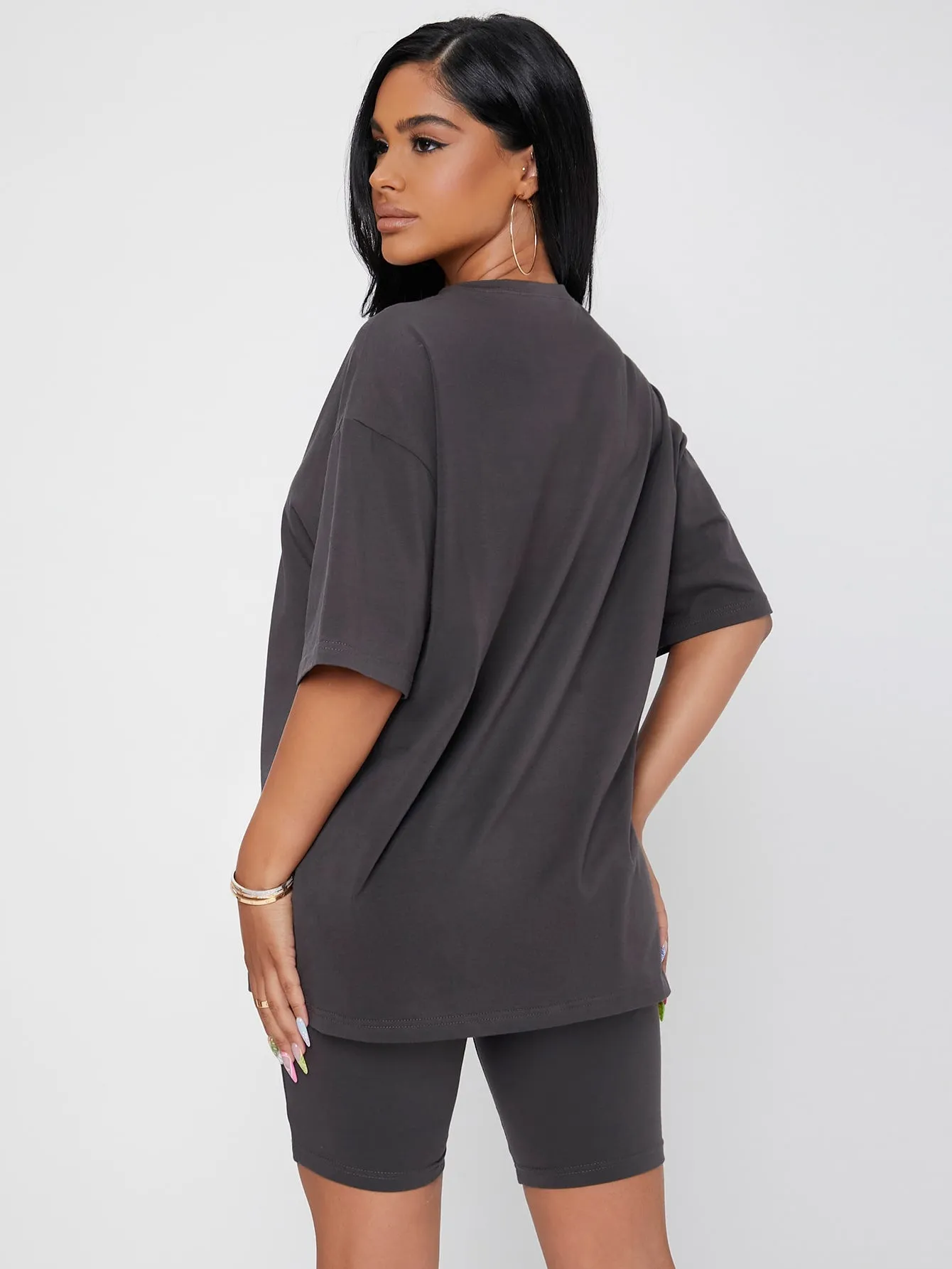 Sporty Plain Short Sleeve Round Neck Women Two-Piece Outfits