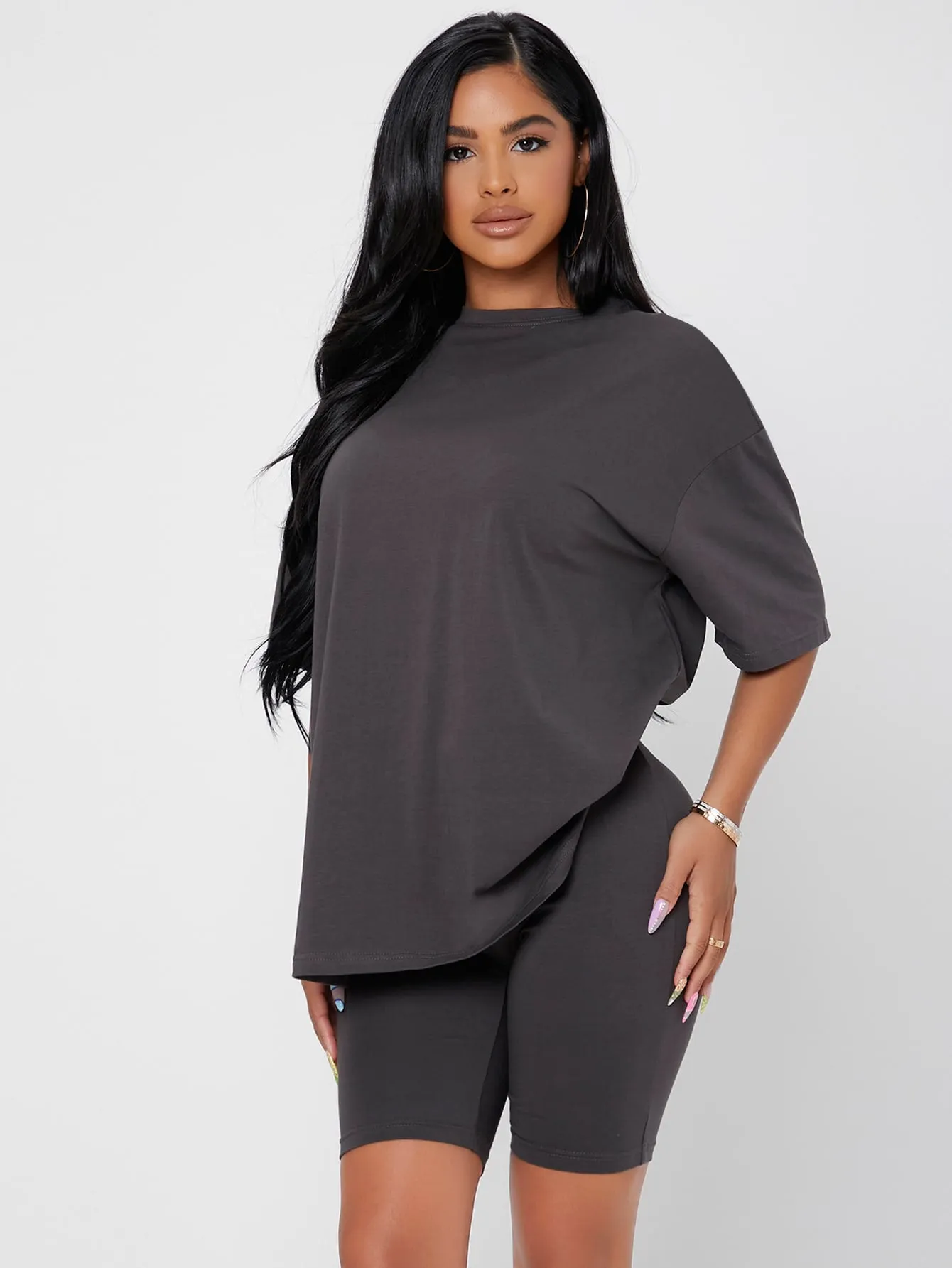 Sporty Plain Short Sleeve Round Neck Women Two-Piece Outfits