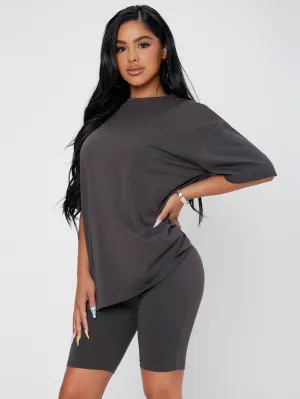 Sporty Plain Short Sleeve Round Neck Women Two-Piece Outfits