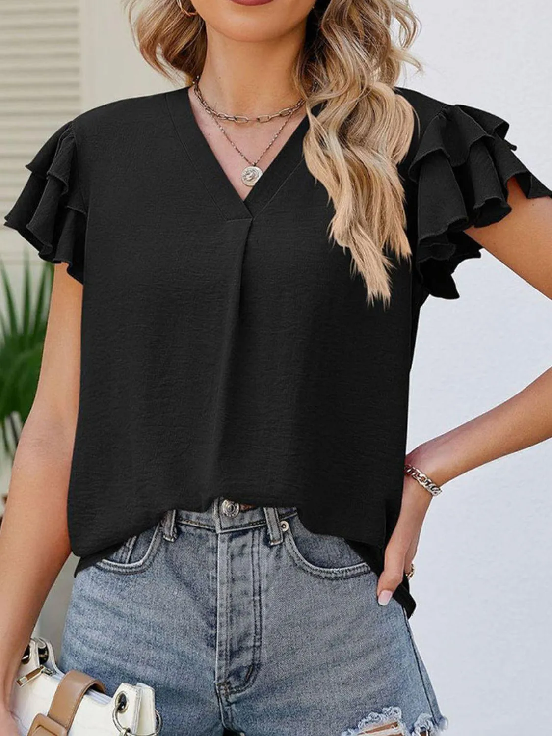 Stylish Everyday V Neck Ruffle Sleeve Blouse