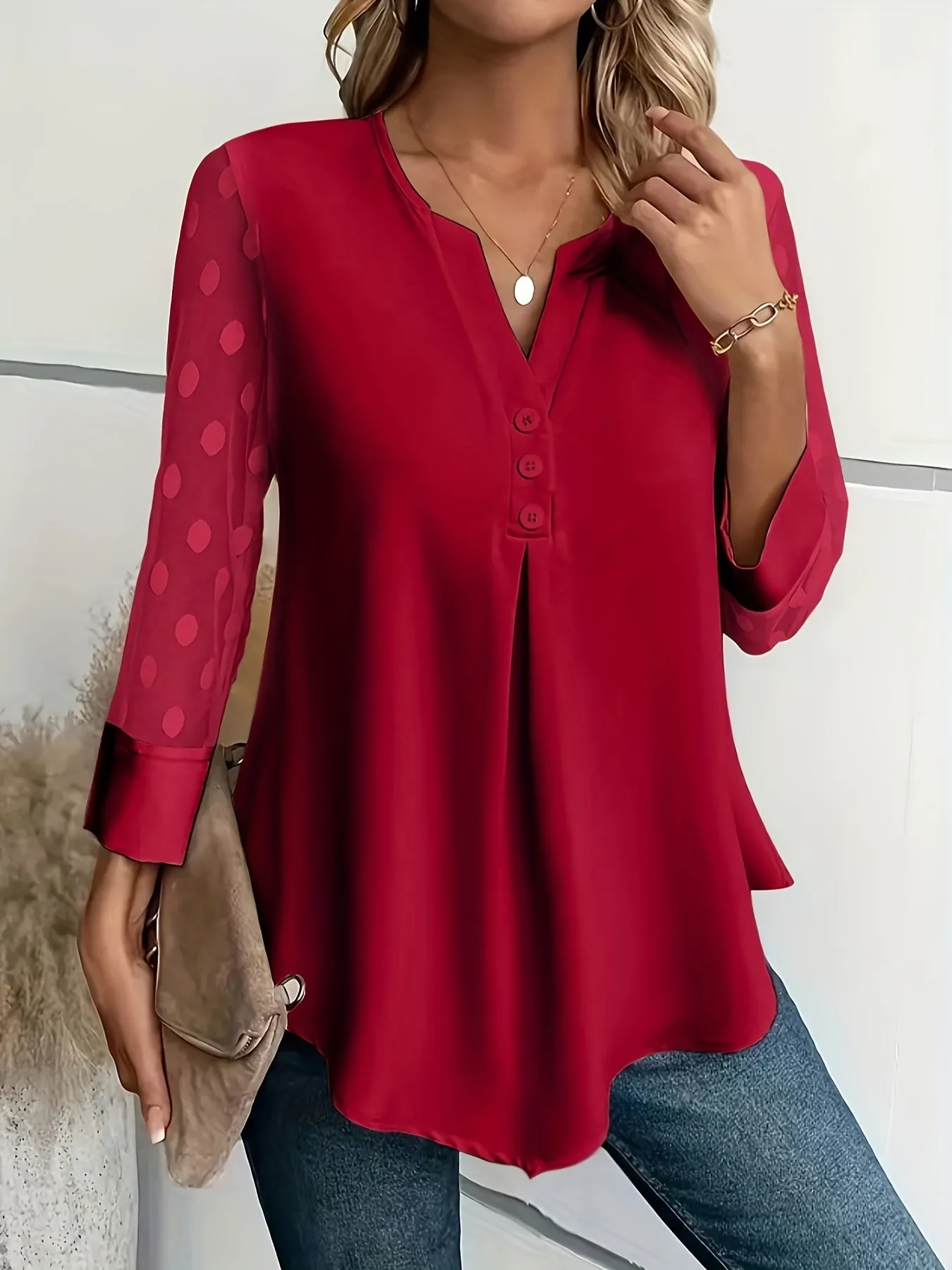 Stylish Notched Neck Blouse Elegant ButtonFront Long Sleeve