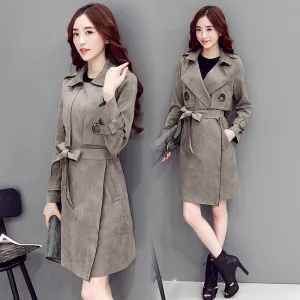 Suede Lapel Solid Color Strap Belt Long Coat