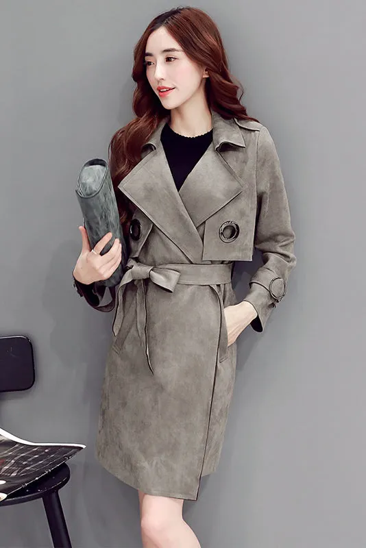 Suede Lapel Solid Color Strap Belt Long Coat