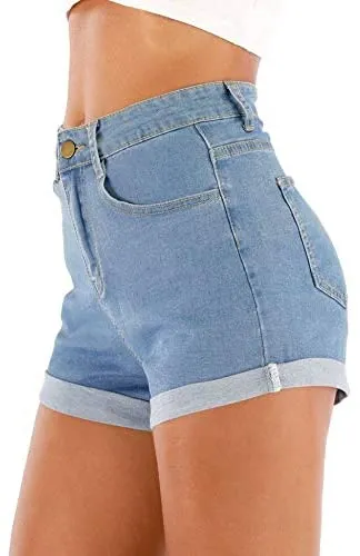 Summer Casual Denim High Waisted Folded Hem Jeans Shorts