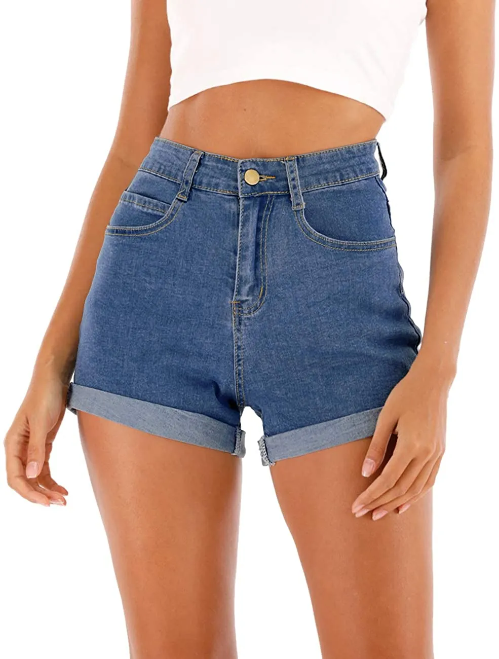 Summer Casual Denim High Waisted Folded Hem Jeans Shorts