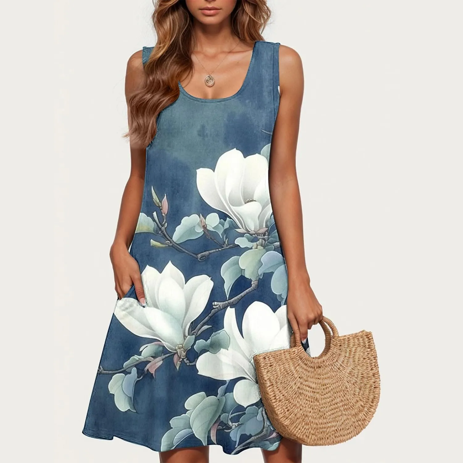 Summer Dresses for Women Sleevless Floral Midi Dress Ruffle Hem V Neck Dress Holiday Dresses for Women