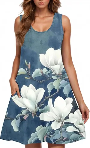 Summer Dresses for Women Sleevless Floral Midi Dress Ruffle Hem V Neck Dress Holiday Dresses for Women