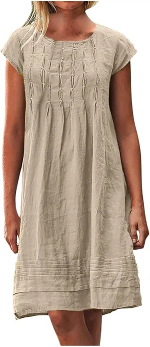 Summer Linen Dress for Women Cap Sleeve Midi Dress Plus Size Loose Dress Casual Pleated Dress Comfy Beach Dresses
