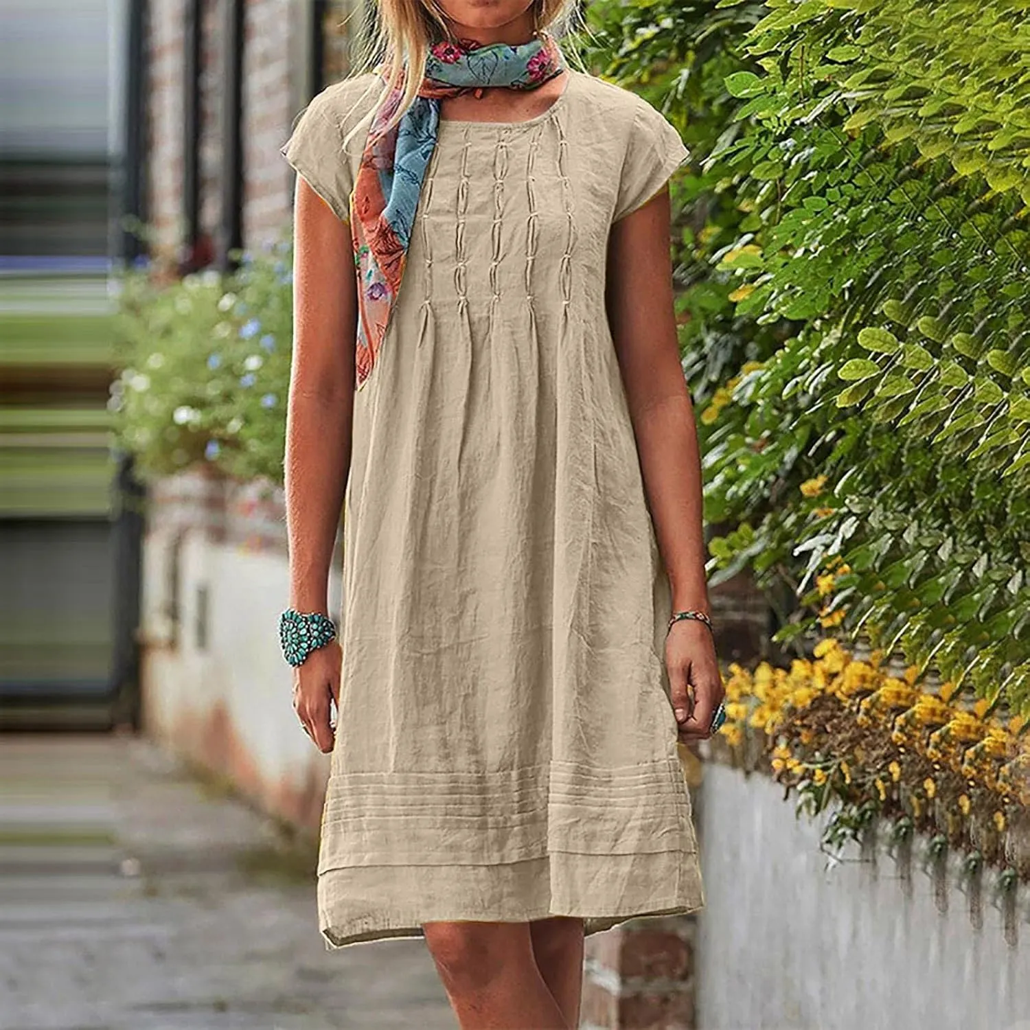 Summer Linen Dress for Women Cap Sleeve Midi Dress Plus Size Loose Dress Casual Pleated Dress Comfy Beach Dresses