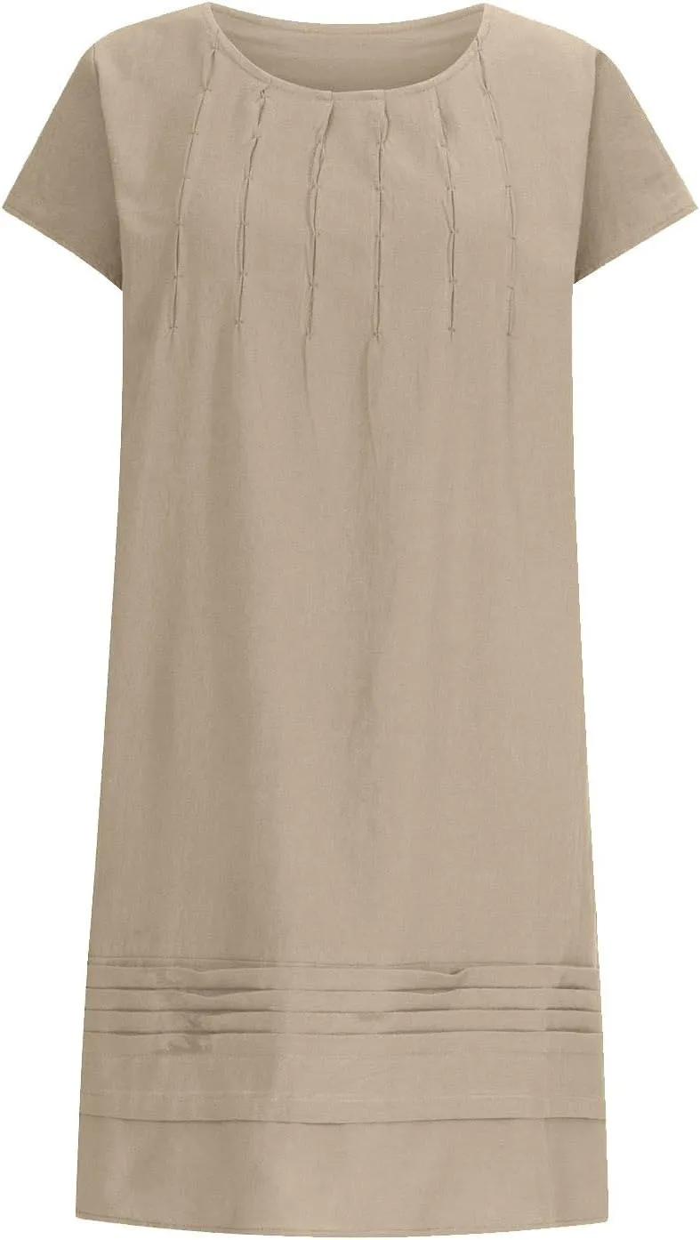 Summer Linen Dress for Women Cap Sleeve Midi Dress Plus Size Loose Dress Casual Pleated Dress Comfy Beach Dresses