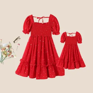 Sweet Wave Point Puff Sleeve Dress for Mom and Me