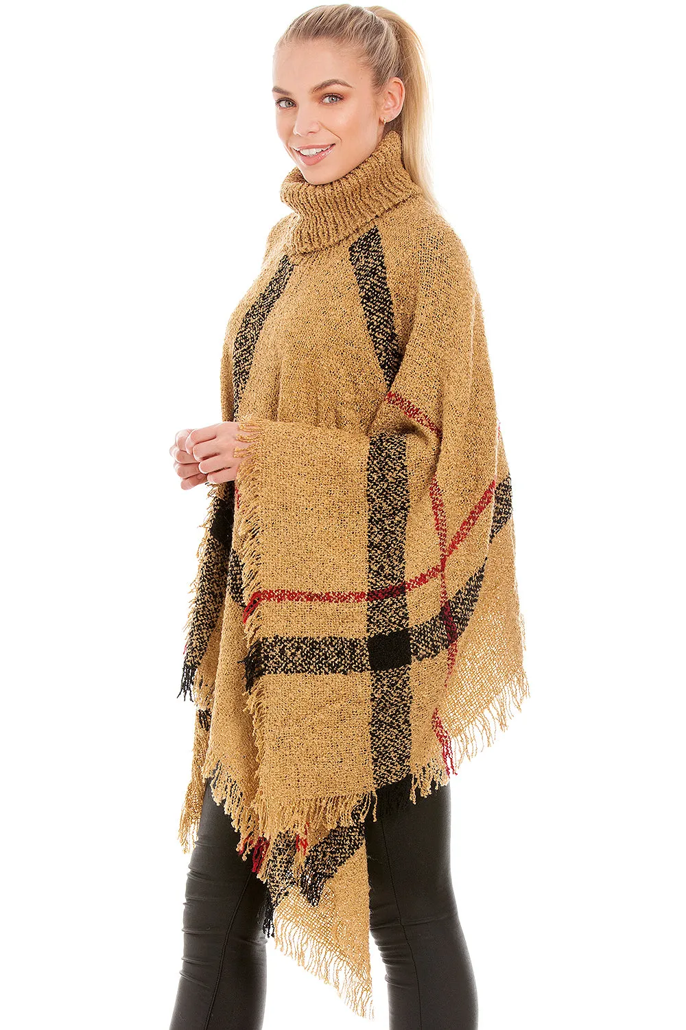Tartan High Neck Large Poncho In Camel