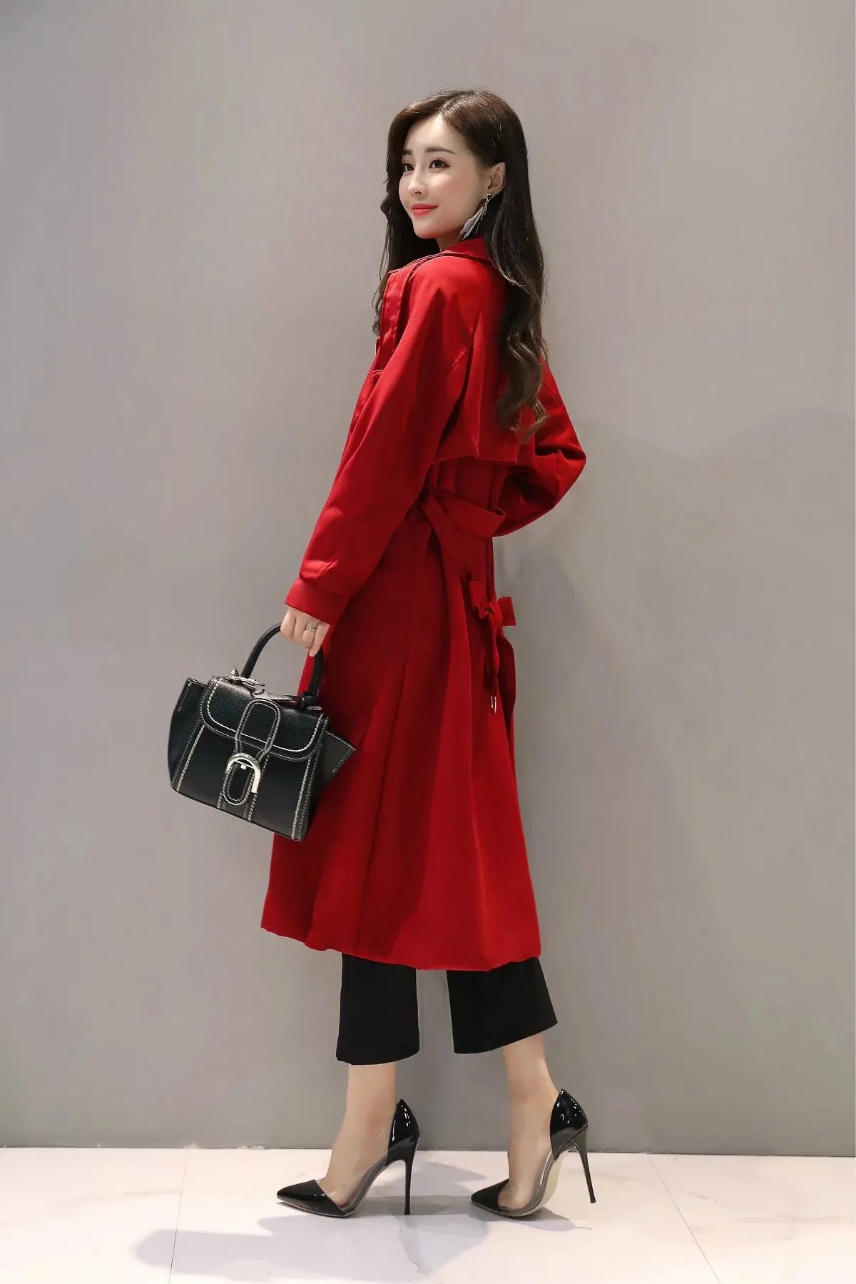 V-neck Lapel Collar Belt Double Breasted Long Coat