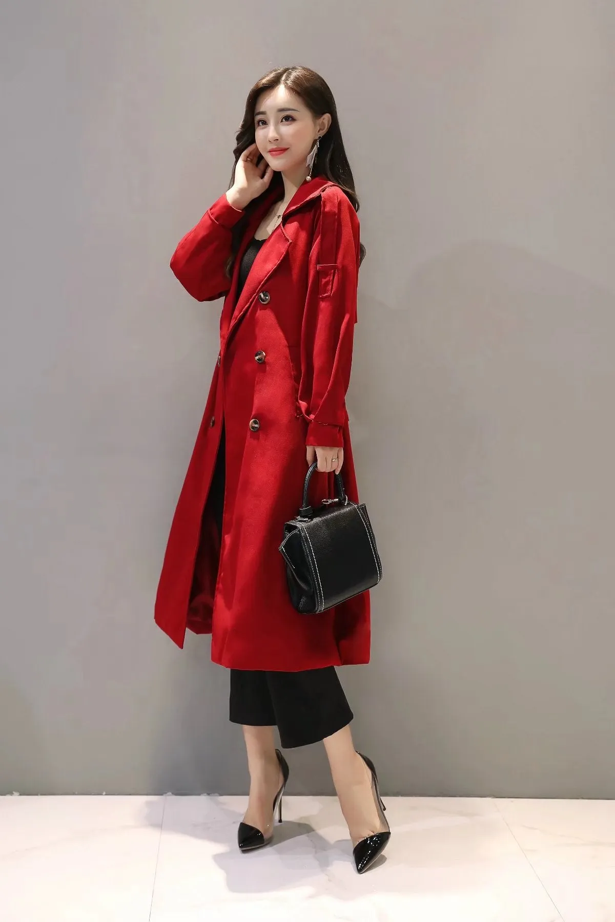 V-neck Lapel Collar Belt Double Breasted Long Coat