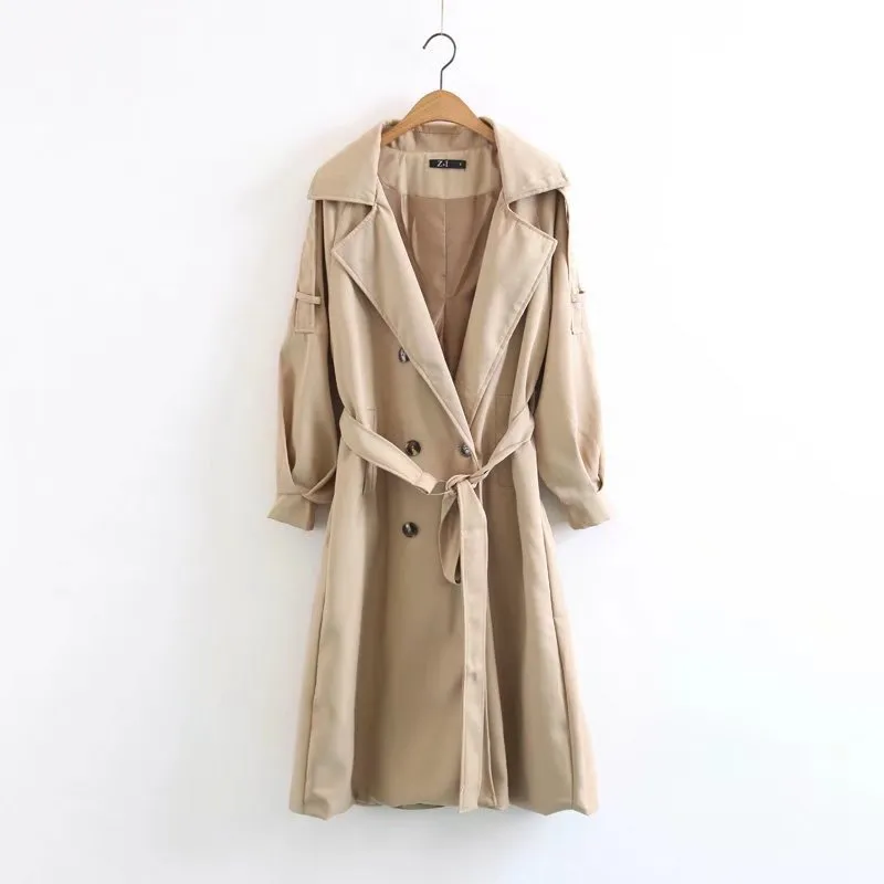V-neck Lapel Collar Belt Double Breasted Long Coat