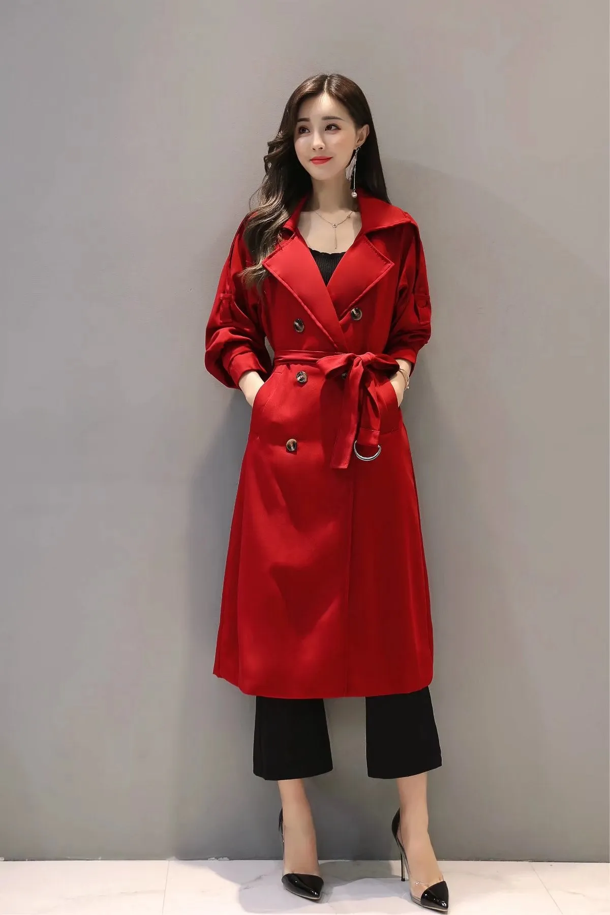 V-neck Lapel Collar Belt Double Breasted Long Coat