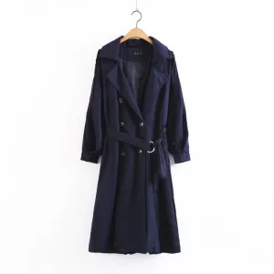 V-neck Lapel Collar Belt Double Breasted Long Coat