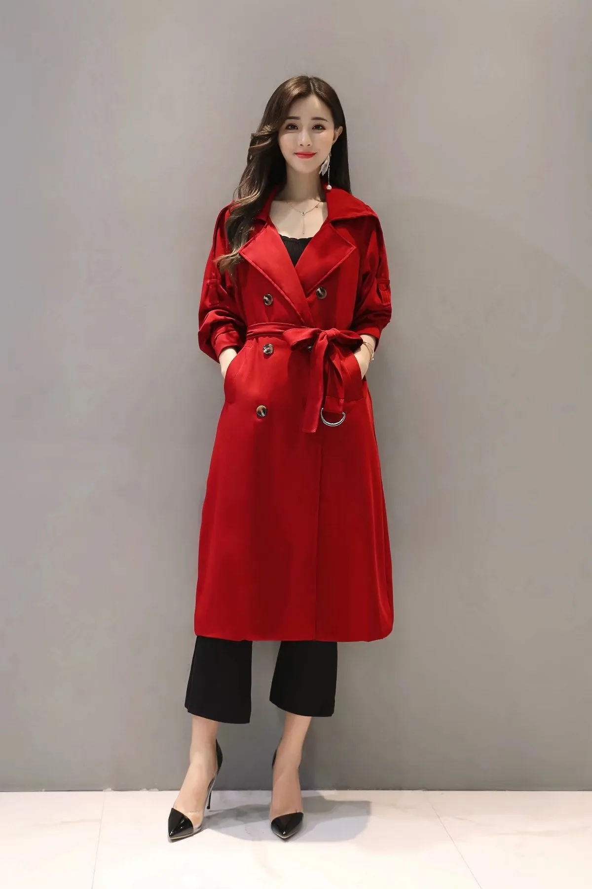 V-neck Lapel Collar Belt Double Breasted Long Coat