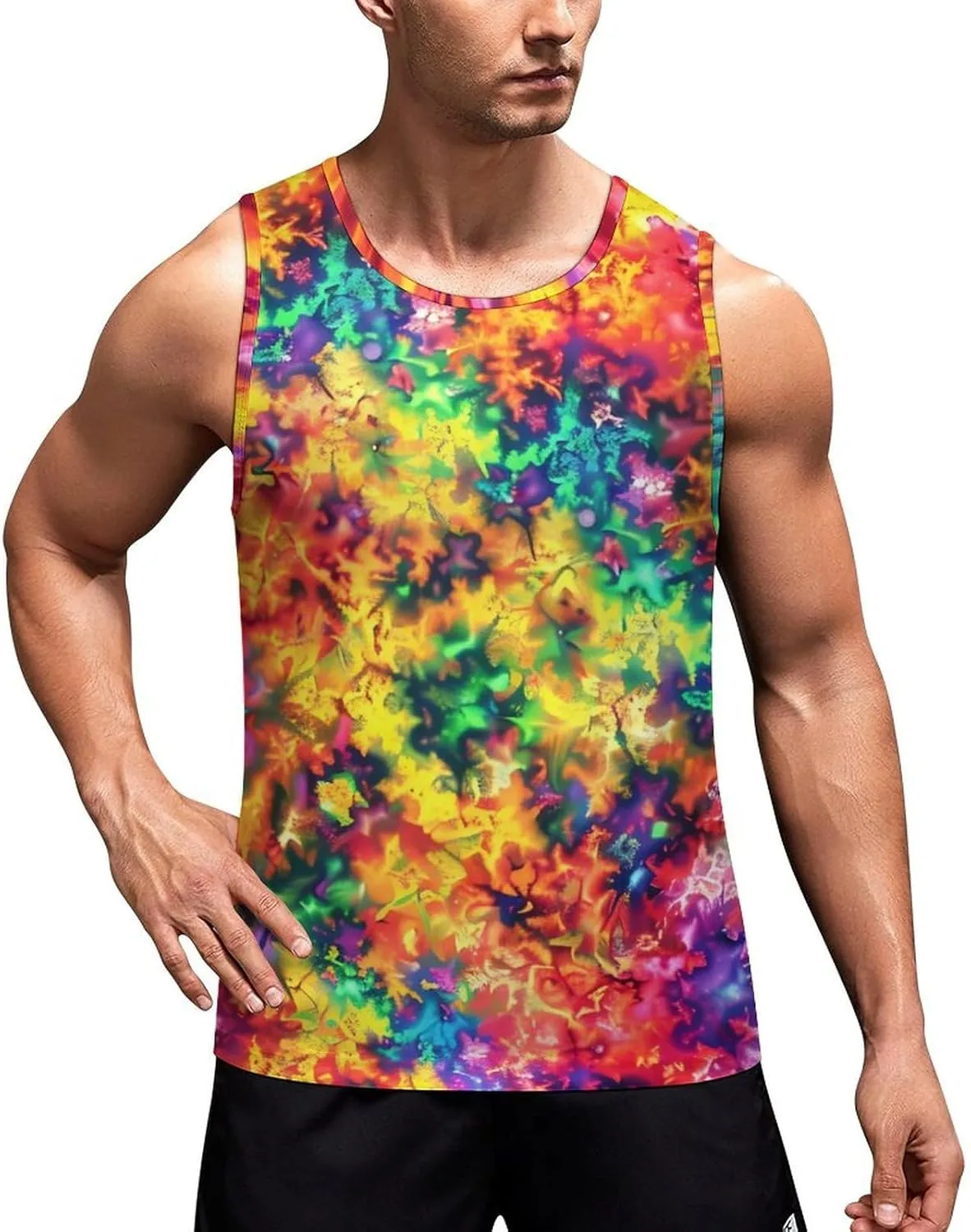 Vibrant Rainbow Colored Fractal Mens Tank Top Undershirt Sleeveless Gym Vest Workout T-Shirts