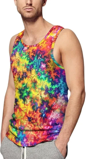 Vibrant Rainbow Colored Fractal Mens Tank Top Undershirt Sleeveless Gym Vest Workout T-Shirts