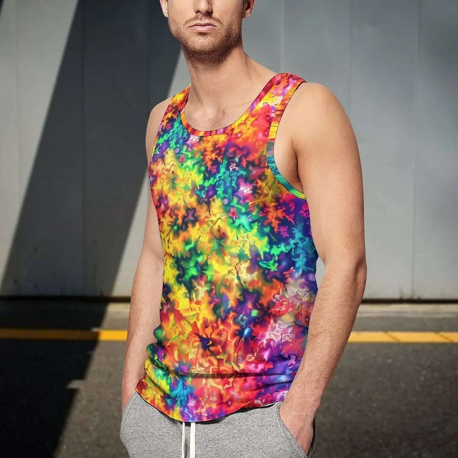 Vibrant Rainbow Colored Fractal Mens Tank Top Undershirt Sleeveless Gym Vest Workout T-Shirts