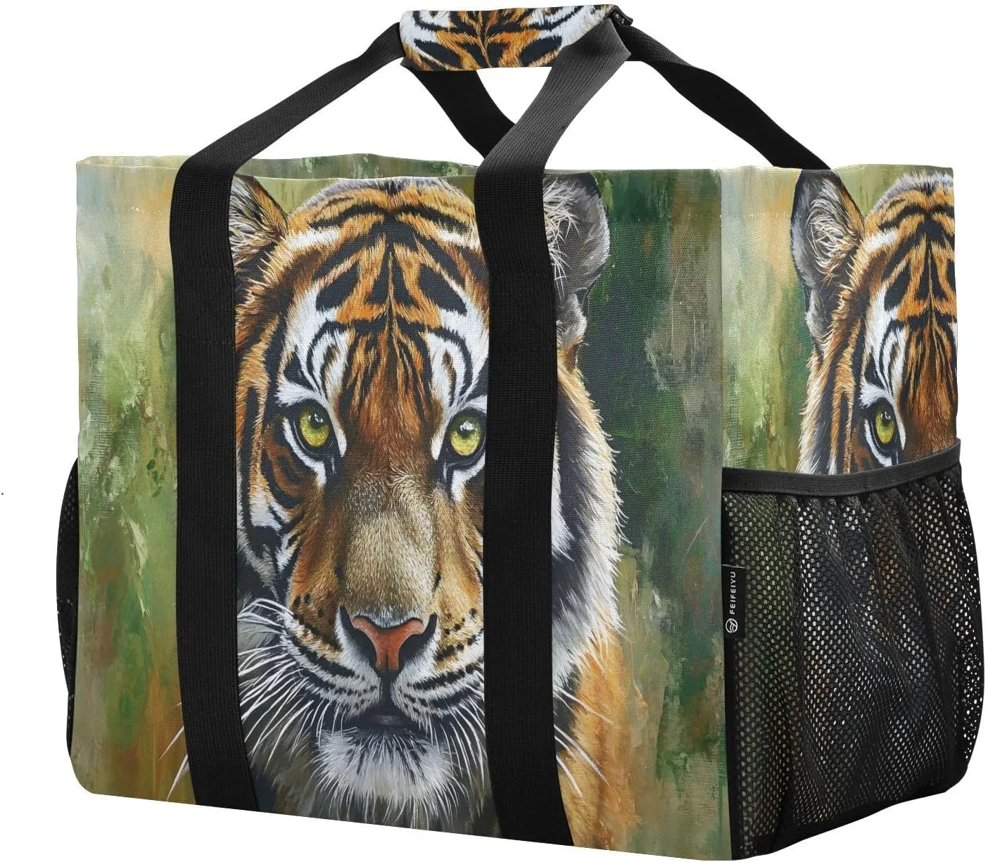Vibrant Tiger Large Foldable Travel Tote Bag, Lightweight Waterproof Swim Pool Bag with Handles & Pocket for Beach Outdoor, Reusable Grocery Bag for Kitchen, Shopping