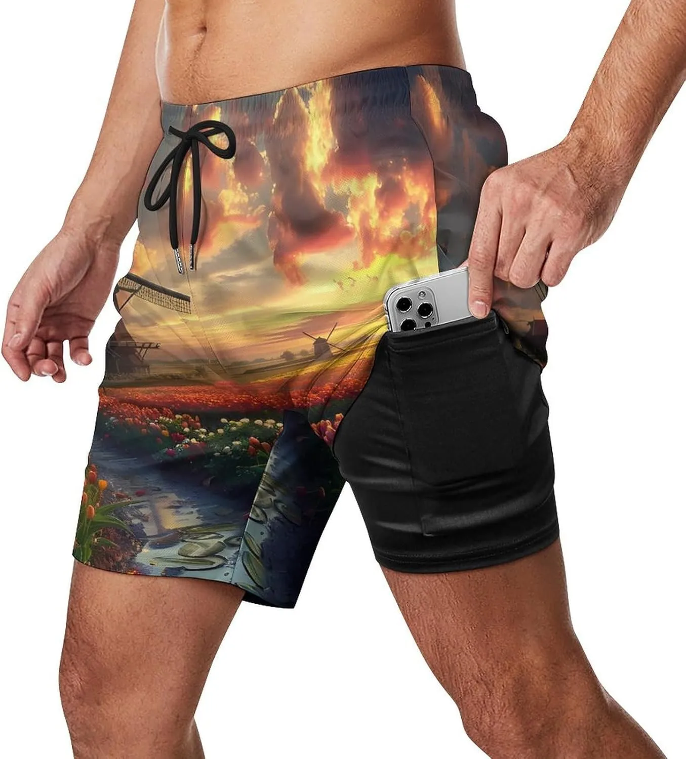 Vibrant Tulips Field with Dutch Windmills Mens Swim Trunks Quick Dry Board Shorts with Compression Liner