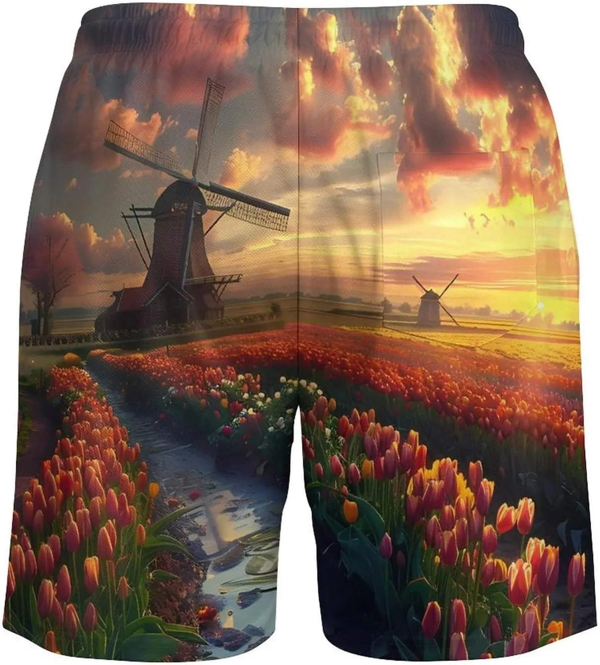 Vibrant Tulips Field with Dutch Windmills Mens Swim Trunks Quick Dry Board Shorts with Compression Liner
