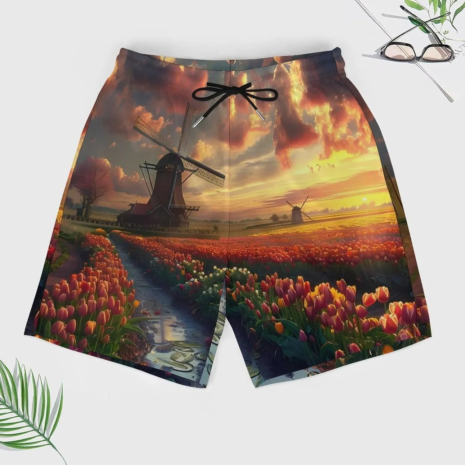 Vibrant Tulips Field with Dutch Windmills Mens Swim Trunks Quick Dry Board Shorts with Compression Liner