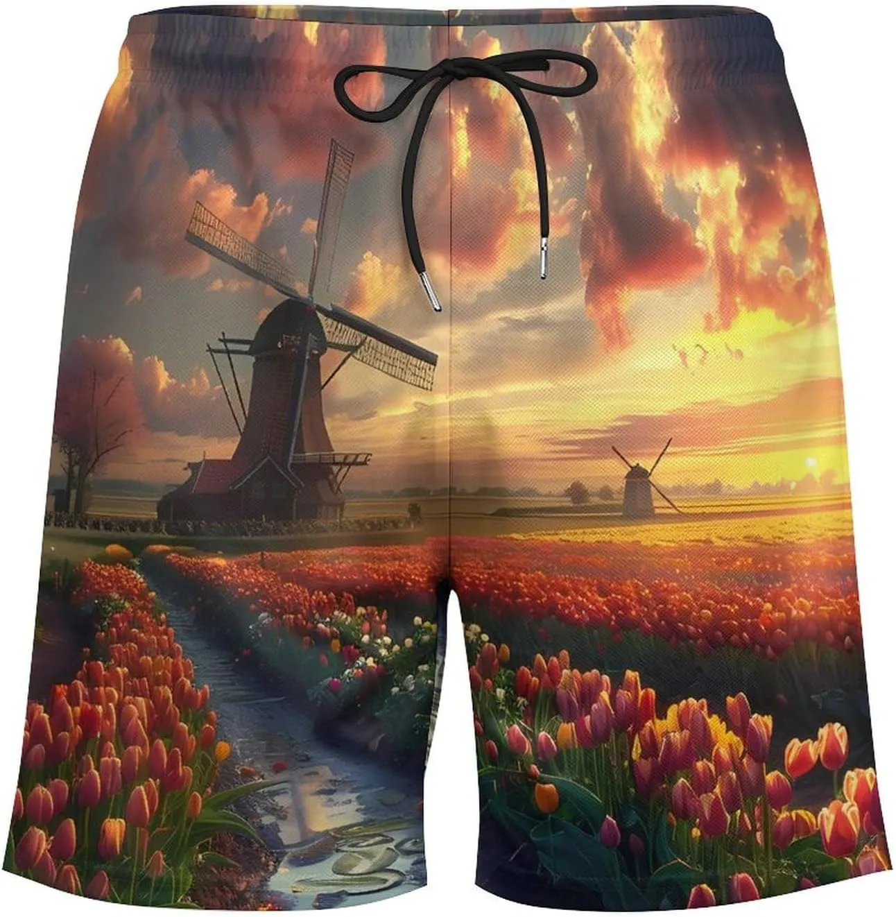 Vibrant Tulips Field with Dutch Windmills Mens Swim Trunks Quick Dry Board Shorts with Compression Liner