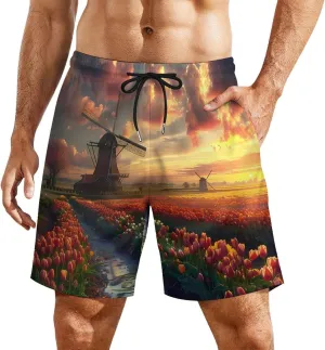 Vibrant Tulips Field with Dutch Windmills Mens Swim Trunks Quick Dry Board Shorts with Compression Liner