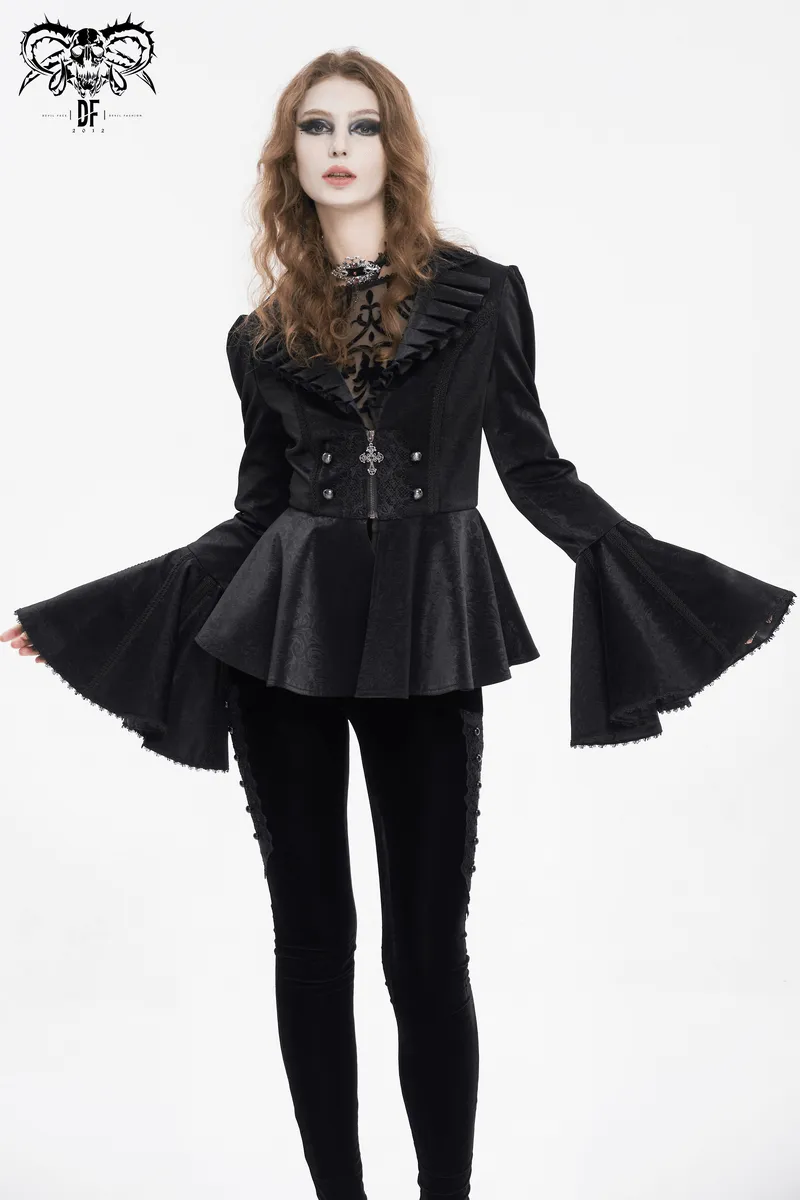 Vintage Zipper Long Flared Sleeves Jacket / Gothic Ruffled Collar Jackets