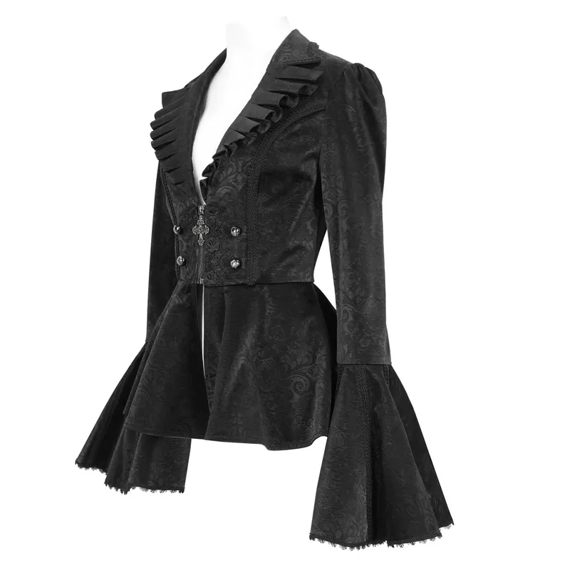 Vintage Zipper Long Flared Sleeves Jacket / Gothic Ruffled Collar Jackets