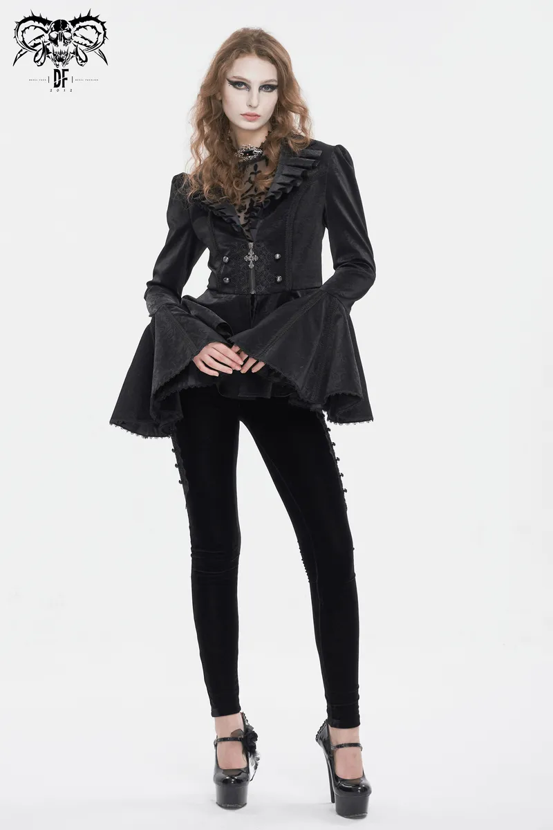 Vintage Zipper Long Flared Sleeves Jacket / Gothic Ruffled Collar Jackets