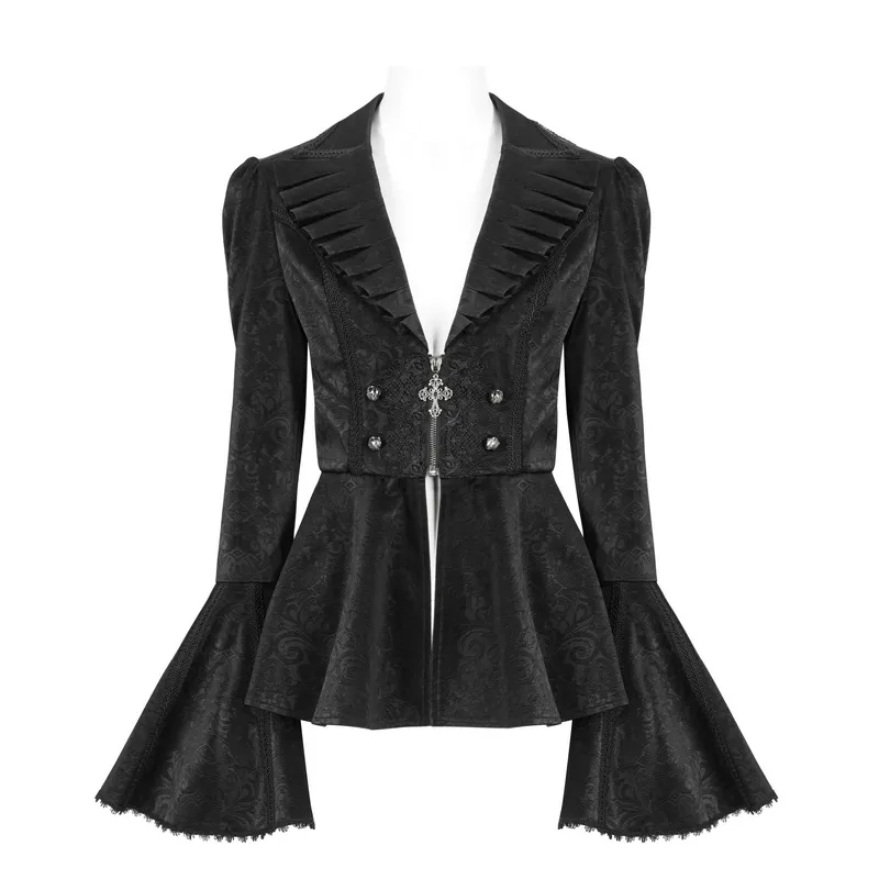 Vintage Zipper Long Flared Sleeves Jacket / Gothic Ruffled Collar Jackets