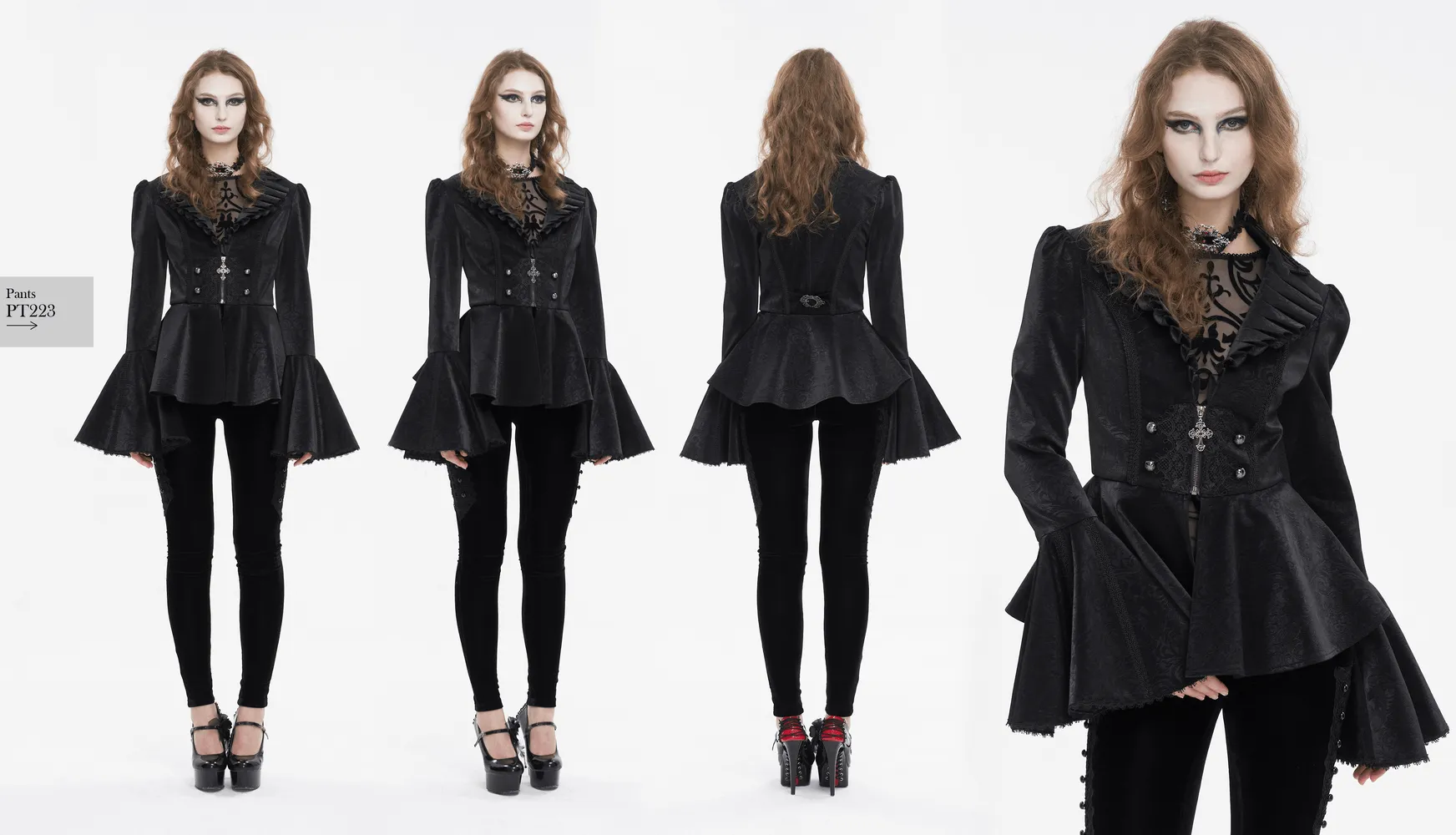 Vintage Zipper Long Flared Sleeves Jacket / Gothic Ruffled Collar Jackets