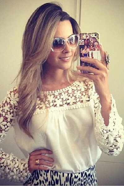 White Stylish Floral Crochet Solid Top