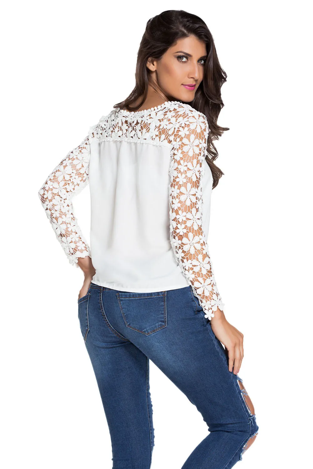 White Stylish Floral Crochet Solid Top